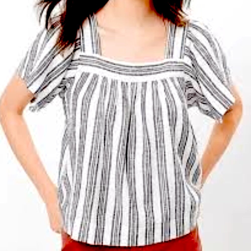 LOFT Nautical Stripe Blue Metallic Gold Thread Peasant Top Womens Medium